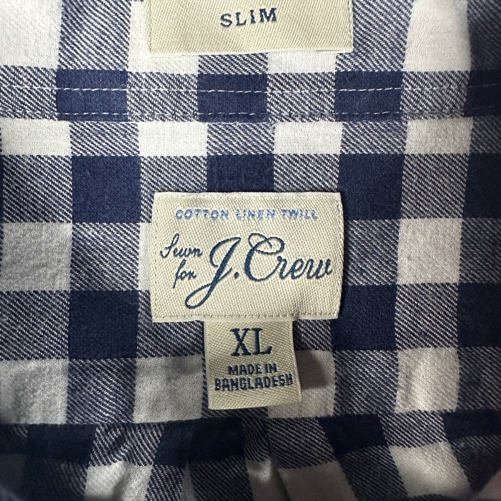 JCrew Men Size XL Slim Fit Cotton Linen Twill Navy/White Gingham Button Down 336